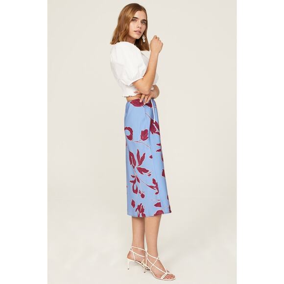 Thakoon Floral Midi Skirt Blue Red Midi Side‎ Slit A-line Elastic Waist Sz 0 - Picture 3 of 14